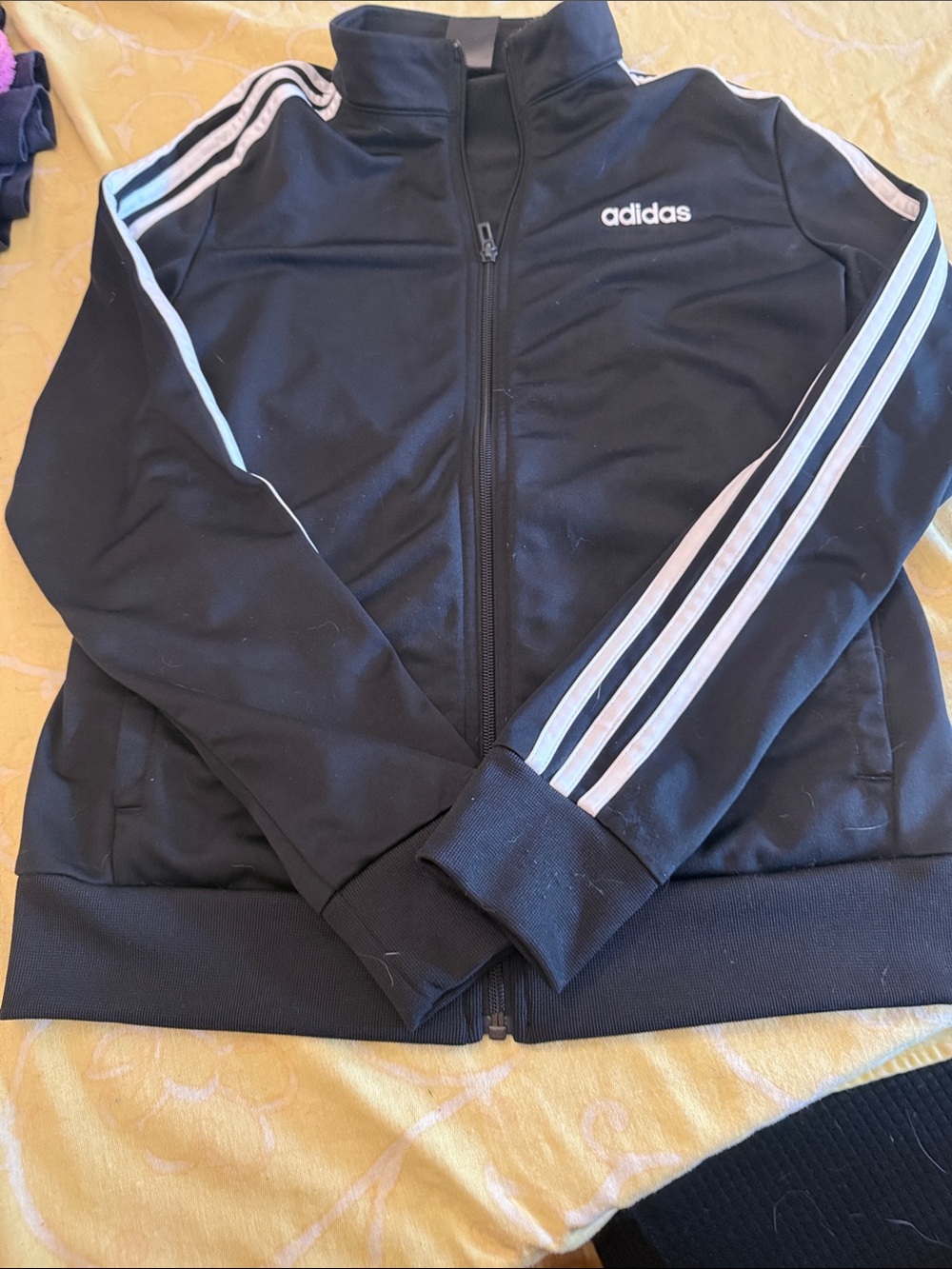 adidas Black Track Jacket with White Stripe Accents
Zip up 
Med